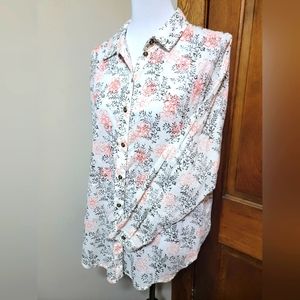 Anthropologie Embroidered Button Down Shirt XS/S Soft White/Coral Floral Boho